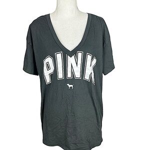 VICTORIA’S SECRET PINK: Black V-Neck Campus Logo T-Shirt -Size Large